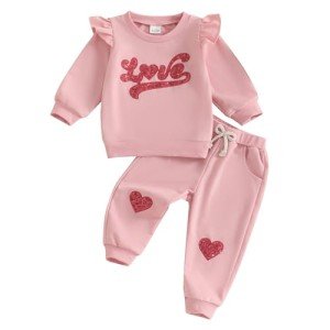Adobabirl Toddler Baby Girl Clothes Embroidery Letter Print Crewneck Sweatshirt and Pants Set Fall Winter Spring Outfits (Pink Sequin Love, 18-24 Months)