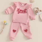 Adobabirl Toddler Baby Girl Clothes Embroidery Letter Print Crewneck Sweatshirt and Pants Set Fall Winter Spring Outfits (Pink Sequin Love, 18-24 Months)