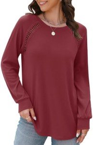 Aifer Red Long Sleeve Shirt Women Holiday Outfits 2024 Fashion Christmas Shirts Cotton Basic Lace Tops Casual Fall Tunic