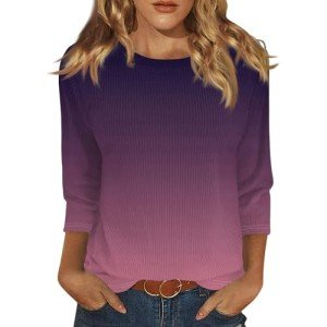 Womens 3/4 Sleeve Tops Trendy Spring Knit Tie Dye Crew Neck T Shirts Loose Fit Dressy Three Quarter Blouses Warm Thermal Tunic Tops to Wear with Leggings Spring Shirts for Women 2025, Dark Purple, L