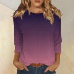 Womens 3/4 Sleeve Tops Trendy Spring Knit Tie Dye Crew Neck T Shirts Loose Fit Dressy Three Quarter Blouses Warm Thermal Tunic Tops to Wear with Leggings Spring Shirts for Women 2025, Dark Purple, L