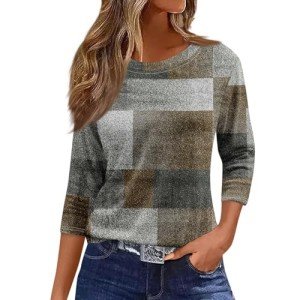 3/4 Length Sleeve Womens Tops Dressy Casual Crew Neck Basic T Shirt Blouses Spring Fashion Outfits 2025 Brown Xx-Large