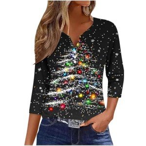 Christmas Tops for Women Dressy Casual V Neck Button Down Shirts Sparkly Glitter Xmas Tree Graphic Tee Tshirt 3/4 Length Sleeve Blouse Tunic Cotton Tee 2024 Fashion Par