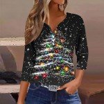 Christmas Tops for Women Dressy Casual V Neck Button Down Shirts Sparkly Glitter Xmas Tree Graphic Tee Tshirt 3/4 Length Sleeve Blouse Tunic Cotton Tee 2024 Fashion Par