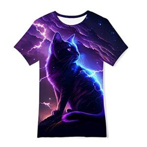 Boys Lightning Cat Tshirt Big Kids Shirts Size 10-12 Purple Tees Tops Funny Graphis Short Sleeve Sport Clothes 9-12Y