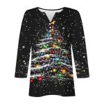 Christmas Tops for Women Dressy Casual V Neck Button Down Shirts Sparkly Glitter Xmas Tree Graphic Tee Tshirt 3/4 Length Sleeve Blouse Tunic Cotton Tee 2024 Fashion Par