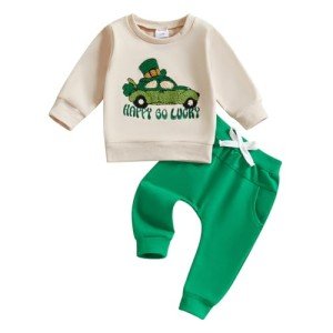 BemeyourBBs Toddler Baby Boy Fall Winter Clothes Funny Letter Long Sleeve Sweatshirt and Pants Set 2 Piece Sweatsuit Outfit (St Patricks Day Happy Go Lucky, 2-3T)
