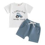 Toddler Baby Boy Summer Clothes Letter Graph Short Sleeve T Shirt Elastic Waist Pockets Shorts Set 2 Piece Outfit A little dirt never hurt Blue, 6-12 Months