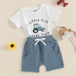 Toddler Baby Boy Summer Clothes Letter Graph Short Sleeve T Shirt Elastic Waist Pockets Shorts Set 2 Piece Outfit A little dirt never hurt Blue, 6-12 Months