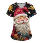 Christmas Scrub Tops Woman Short Sleeve V Neck Santa Claus Print Scrub Jackets Working Uniforms Single Breasted Xmas Holiday Tops Plus Size Medical Nurse Tops(G-White,3X-Large)