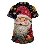 Christmas Scrub Tops Woman Short Sleeve V Neck Santa Claus Print Scrub Jackets Working Uniforms Single Breasted Xmas Holiday Tops Plus Size Medical Nurse Tops(G-White,3X-Large)