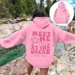 WJDNHKYD Preppy T Shirts, Pink Graphic Hoodie For Women 2024 Cute Preppy Sweatshirt Long Sleeve Drawstring Pullover Tops With Pockets