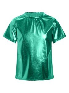 Hansber Kids Boys Girls Shiny Metallic T-Shirts Round Neck Short Sleeve Dance Tops Stage Performance Costume Green 7-8