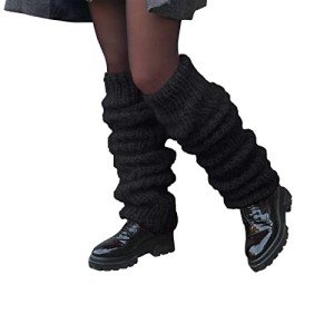 Christmas Ornaments Womens Wool Knit Knee Leg Warmers Y2K Kawaii Thigh High Calf Boot Cuffs Winter Goth Stacked Crochet Loose Tube Long Stocking(Black,One Size)