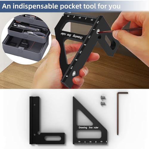 HFM 3D Multi-Angle Woodworking Square Measuring Ruler,45/90 Degree Aluminum Alloy Measuring Protractor High Precision Layout Measuring Tool for Engineer Carpenter-Black