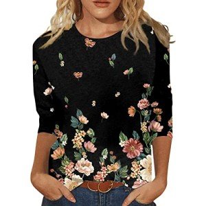 3/4 Length Sleeve Womens Tops 3/4 Sleeve Tops for Women Womens 3/4 Sleeve Tops and Blouses Dressy Casual Floral Print Crewneck Tshirt Tunic Tops Loose Shirts Graphic Tees Black 5X-Large