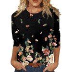 3/4 Length Sleeve Womens Tops 3/4 Sleeve Tops for Women Womens 3/4 Sleeve Tops and Blouses Dressy Casual Floral Print Crewneck Tshirt Tunic Tops Loose Shirts Graphic Tees Black 5X-Large
