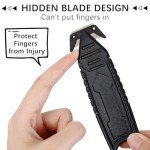 Therwen 10 Pcs Safety Box Cutter Knife of Stainless Steel Concealed Blade Package Opener with Tape Splitter for Carton Cardboard Wrap Letter Work Bag Straps Film Utility Tool, Black