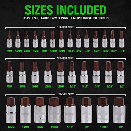 32pc Hex Bit Socket Set, SAE/Metric, 1/4-1/2'' Drive, Steel