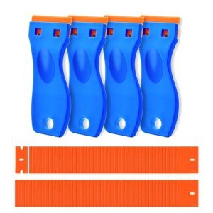 4 Pcs Plastic Razor Blade Scraper and 120 Pcs Blades, Remove Label Decal Tool,Forwithout Scratches Plastic Razor Blade Scraper, Adhesive Remover for Kitchen Appliances,Stickers and Paints on Window
