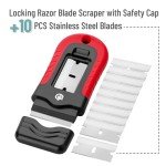 Bates- Razor Blade Scraper, Red, Locking Razor Scraper Set with 10 Extra Stainless Steel Blades, Window Scraper, Scraper Tool, Glass Scraper, Scraper Blades, Paint Scraper Blade Scraper for Cleaning