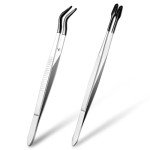 Gjinxi 2 Pieces Tweezers with Rubber Tips, Bent and Straight Flat Tip Tweezers PVC Coated Precision Tweezers Set for Crafting Beads Jewelry Stamps Industrial Electronic Tweezers Tools