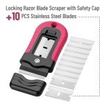 Bates- Razor Blade Scraper, Pink, Locking Razor Scraper Set with 10 Extra Stainless Steel Blades, Window Scraper, Scraper Tool, Glass Scraper, Scraper Blades, Paint Scraper Blade Scraper for Cleaning