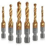 Junreox 6 Pack Combination Drill and Tap Set, Professional HSS Titanium Thread Tap Drill Bit Set in SAE 6-32nc 8-32nc 10-32nc 10-24nc 12-24nc 1/4-20nc, Quick Change Screw Tapping with 1/4” Hex Shank
