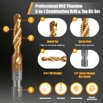 Junreox 6 Pack Combination Drill and Tap Set, Professional HSS Titanium Thread Tap Drill Bit Set in SAE 6-32nc 8-32nc 10-32nc 10-24nc 12-24nc 1/4-20nc, Quick Change Screw Tapping with 1/4” Hex Shank