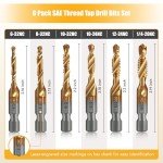 Junreox 6 Pack Combination Drill and Tap Set, Professional HSS Titanium Thread Tap Drill Bit Set in SAE 6-32nc 8-32nc 10-32nc 10-24nc 12-24nc 1/4-20nc, Quick Change Screw Tapping with 1/4” Hex Shank