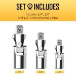 BOEN 3-Piece Universal Joint Socket Adapter Set, 1/2", 3/8", and 1/4" Drive, Ball Spring Design, Chrome Vanadium Steel Swivel Socket Adapter Set, Full Polished