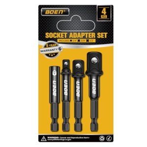 BOEN Impact Socket Adapter & Magnetic Bit Holder | 4 Pieces of 1/4-Inch Hex Shank Extension to 1/4", 3/8", and 1/2" Drive