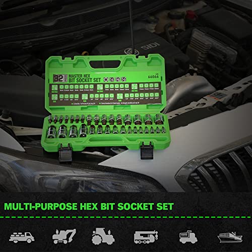 32pc Hex Bit Socket Set, SAE/Metric, 1/4-1/2'' Drive, Steel