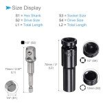 CoCud Deep Socket Set, 12mm Socket 3" Length 1/2" Drive, CR-V 6-Point Drive Socket Accessory Set with 1/4" Socket Adapter - (Applications: for Electric Hand Drill Screwdriver)