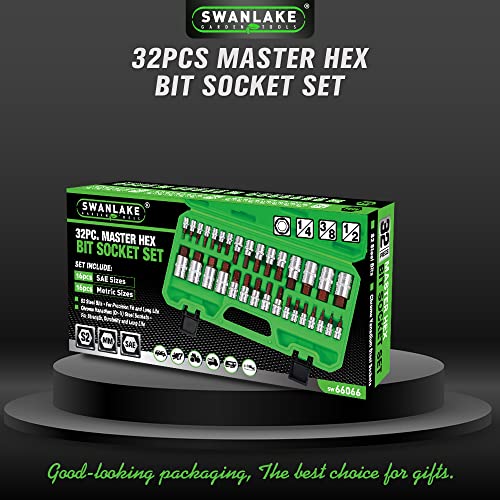 32pc Hex Bit Socket Set, SAE/Metric, 1/4-1/2'' Drive, Steel