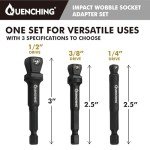 QUENCHING 3-Pcs 3 Inch Impact Wobble Extension Set, Socket Extensions with Holder, 1/4, 3/8, 1/2 Drive Cr-V Wobble Extension Offer 30-Degree Range of Motion for Enhanced Access