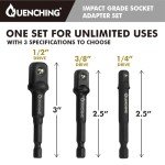 QUENCHING 3-Pcs 3 Inch Impact Grade Socket Adapter Set, Extension Bit Adapters with Holder, 1/4 Inch, 3/8 Inch, 1/2 Inch Drive, 1/4 Inch SAE Hex Shank, Cr-V with Black Phosphate Finish