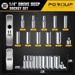 pgroup 1/4” Drive SAE Socket Set, 11PCS Deep Hex Socket Set (3/16”-9/16”), Cover Most Commonly Sizes, Chrome Vanadium Steel with 3/8”F to 1/4”M Socket Adapter