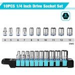DURATECH 1/4" Drive Socket Set, Metric Socket Set 10PCS, Mechanic Metric Socket Sets with Storage Rack, 6-Point Shallow Socket Set, 4mm, 5mm, 6mm, 7mm, 8mm, 9mm, 10mm, 11mm, 12mm, 13mm