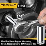 pgroup 1/4” Drive SAE Socket Set, 11PCS Deep Hex Socket Set (3/16”-9/16”), Cover Most Commonly Sizes, Chrome Vanadium Steel with 3/8”F to 1/4”M Socket Adapter