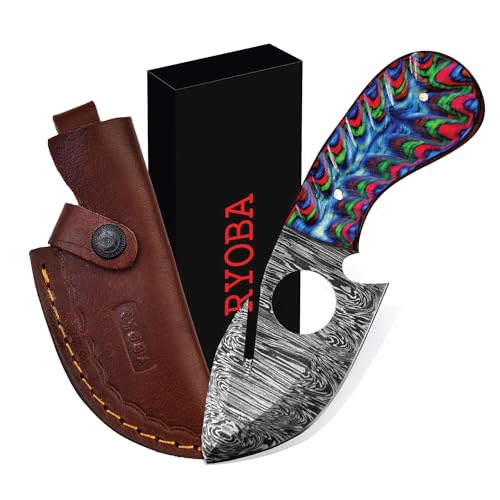 RYOBA Predator Hunters-Handmade Damascus Knife with Custom sheath-Skinning Knife with Gut Hook For Outdoor, Camping, Skinner-EDC 6.5 Overall-Fixed Blade Hunting Knive & Bushcraft Knife(Multi-Color)