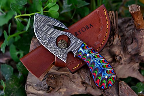 RYOBA Predator Hunters-Handmade Damascus Knife with Custom sheath-Skinning Knife with Gut Hook For Outdoor, Camping, Skinner-EDC 6.5 Overall-Fixed Blade Hunting Knive & Bushcraft Knife(Multi-Color)