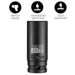 TUZkozs 1/2-Inch Drive 22mm Deep Impact Socket with 6-Point Design, Heat-Treated Chrome Molybdenum Alloy Steel, Metric，Hex Deep Socket