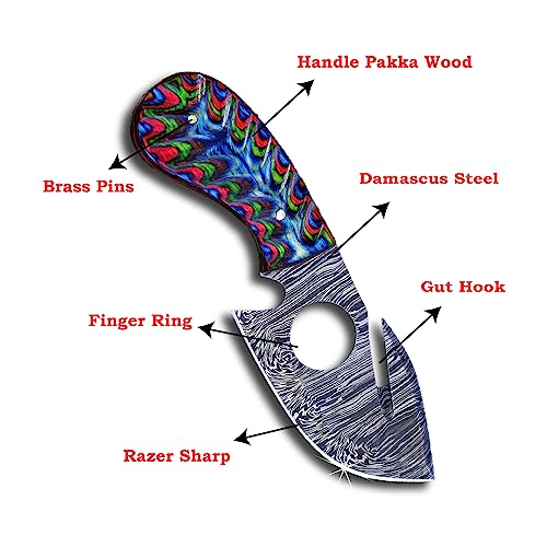 RYOBA Predator Hunters-Handmade Damascus Knife with Custom sheath-Skinning Knife with Gut Hook For Outdoor, Camping, Skinner-EDC 6.5 Overall-Fixed Blade Hunting Knive & Bushcraft Knife(Multi-Color)