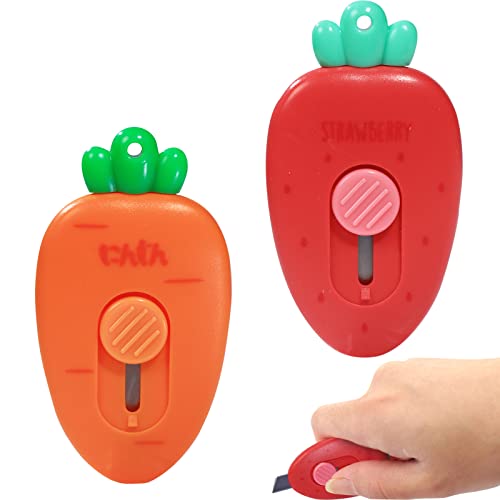 2 Pack Mini Portable Utility Knive, Carrot Strawberry Shaped Letter Cute Safe Blade Retracts Paper Box Opener Office School Cutter with Keychain Hole