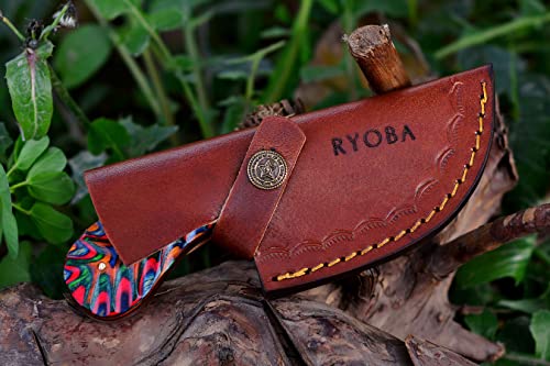 RYOBA Predator Hunters-Handmade Damascus Knife with Custom sheath-Skinning Knife with Gut Hook For Outdoor, Camping, Skinner-EDC 6.5 Overall-Fixed Blade Hunting Knive & Bushcraft Knife(Multi-Color)