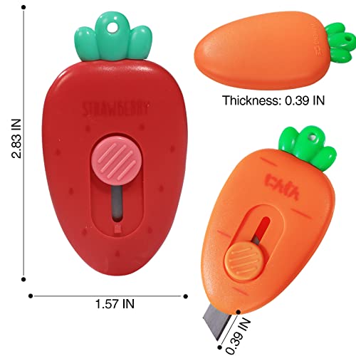 2 Pack Mini Portable Utility Knive, Carrot Strawberry Shaped Letter Cute Safe Blade Retracts Paper Box Opener Office School Cutter with Keychain Hole