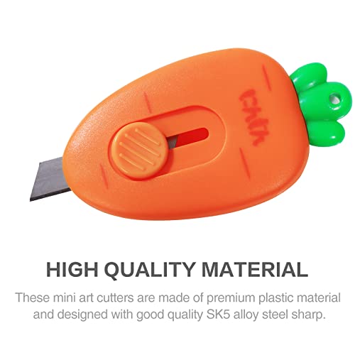2 Pack Mini Portable Utility Knive, Carrot Strawberry Shaped Letter Cute Safe Blade Retracts Paper Box Opener Office School Cutter with Keychain Hole