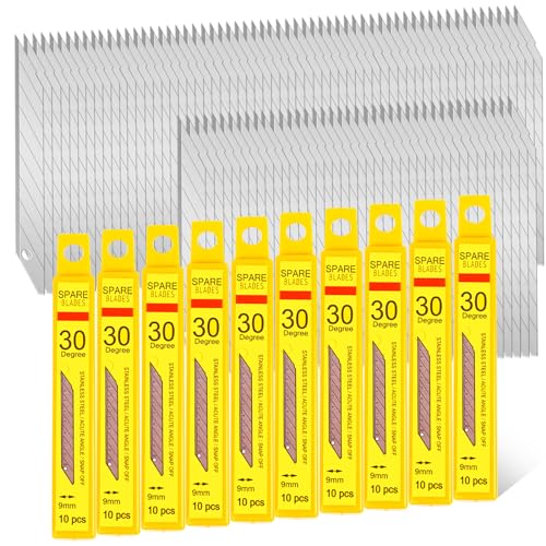 WRAPXPERT Snap off Blades,100 PCS 9mm Utility Knive Replacement Blades,Sharp Steel 30 Degree Box Cutter Blade Refills
