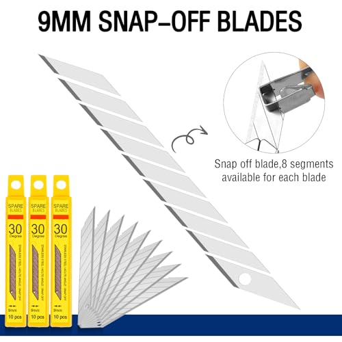 WRAPXPERT Snap off Blades,100 PCS 9mm Utility Knive Replacement Blades,Sharp Steel 30 Degree Box Cutter Blade Refills